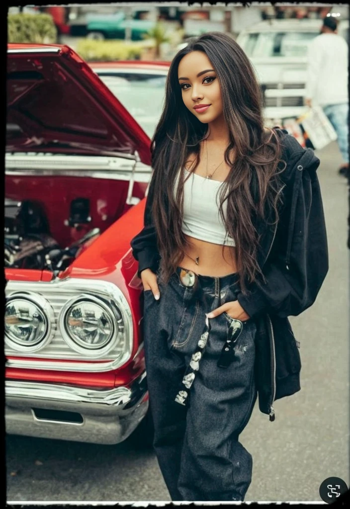 a close up of a woman standing next to a car with a hood on, standing in front of lowrider, lowrider style, selena quintanilla perez, swagger! lowrider culture, in a hood, :: madison beer, vanessa morgan, her belly button is exposed, bra and shorts streetwear, tinyest midriff ever, teenage vanessa morgan, madison beer