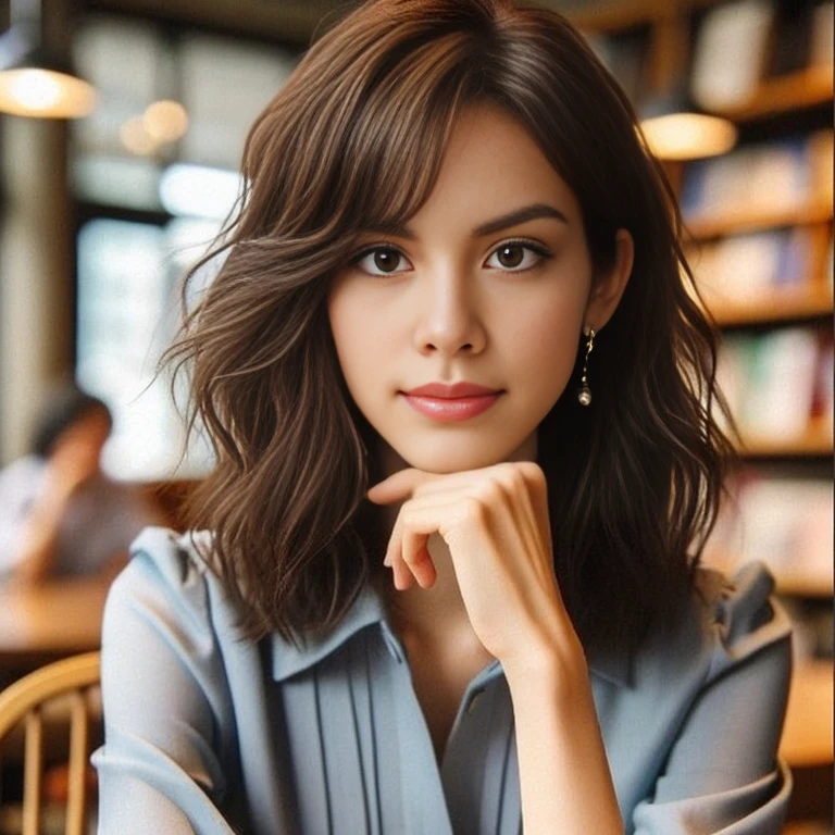 Aarav woman in a blue shirt sits at a table with a plate of food., wavy Shoulder length hair, Shoulder length hair, Shoulder - Length hair, Shoulder length hair, have short hair, medium length hair, medium length hair, Short-medium length hair, Shoulder length brown hair, Shoulder - Length, medium length hair, high quality vertical