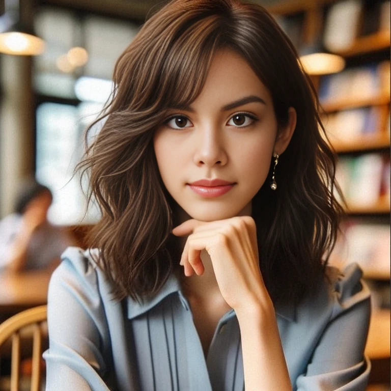 Aarav woman in a blue shirt sits at a table with a plate of food., wavy Shoulder length hair, Shoulder length hair, Shoulder - Length hair, Shoulder length hair, have short hair, medium length hair, medium length hair, Short-medium length hair, Shoulder length brown hair, Shoulder - Length, medium length hair, high quality vertical