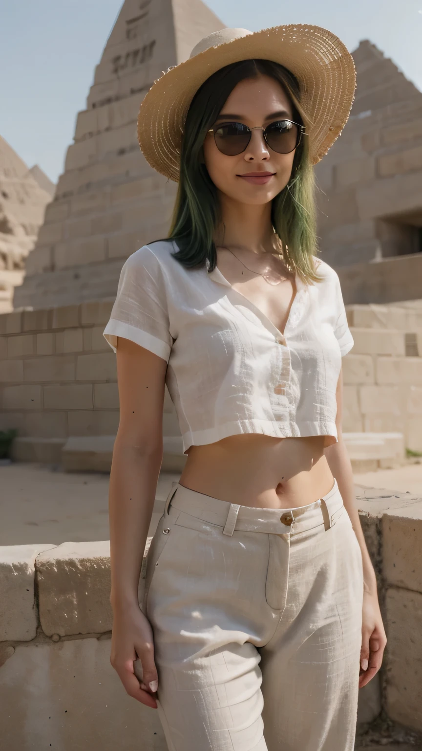 1girls, Nur, green Hair , 24 years old , white linen shirt
Beige linen trousers or skirt
comfortable sandals
Straw hat
Let sunglasses pose in the Egyptian pyramids, Best Quality, 8K, Masterpiece:1.3)), Focus: 1.2, Perfect Body Beauty: 1.4, Hips: 1.2, , High Detail Facial and Skin Texture, Thin Eyes, Double Eyelids, , Smile,