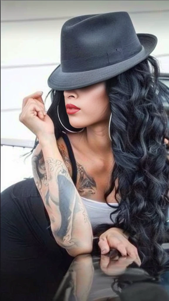 a close up of a woman with a hat and a tattoo on her arm, long black curly hair, black long curly hair, long wild black curly hair, long curly black hair, long curvy black hair, her black hair is a long curly, elaborate long black hairstyle, wavy long - length black hair, wavy long black hair, long wavy black hair, black curly hair