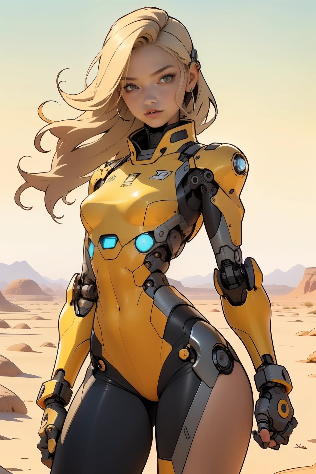 high quality, 4k, masterpiece, beautiful, cyborg girl, cowboy shot, dull eyes, front, looking at viewer, long blonde hair, girl, small breasts, fit thighs, robotic arms, robotic body, cyborg body, yellow & white uniform, orange accent, intricate detail, joint, detailed lines, robotic detail, holding fist up, holding hand up as fist, color robotic parts, robotic parts with color, perfect fingers, on a desert planet, sunny background, colorful desert, a river or a lake in the background, slender thighs, skinny thighs,