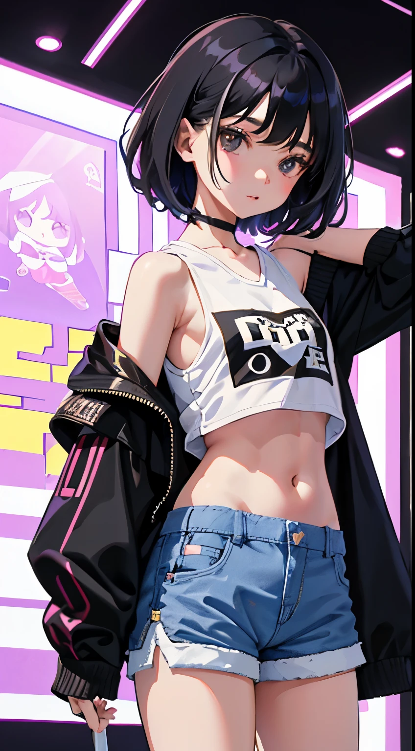 (short cute girl,small young student,young delicate girl),(masterpiece,Top quality),crop top look,pastel hoodie,(gingham check shorts),black hair,toy world