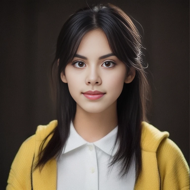 Close-up of a woman wearing a yellow jacket and white shirt., Headshot profile picture, Niwan Chandra, Tomorrow, Tran., fan art, Natasha Tan Masiej Kuziara, traditional art, color picture, Portrait, Headshotgraph, lovely young woman, Headshot, Profile picture, vertical picture, Southeast Asians with round faces, high quality vertical