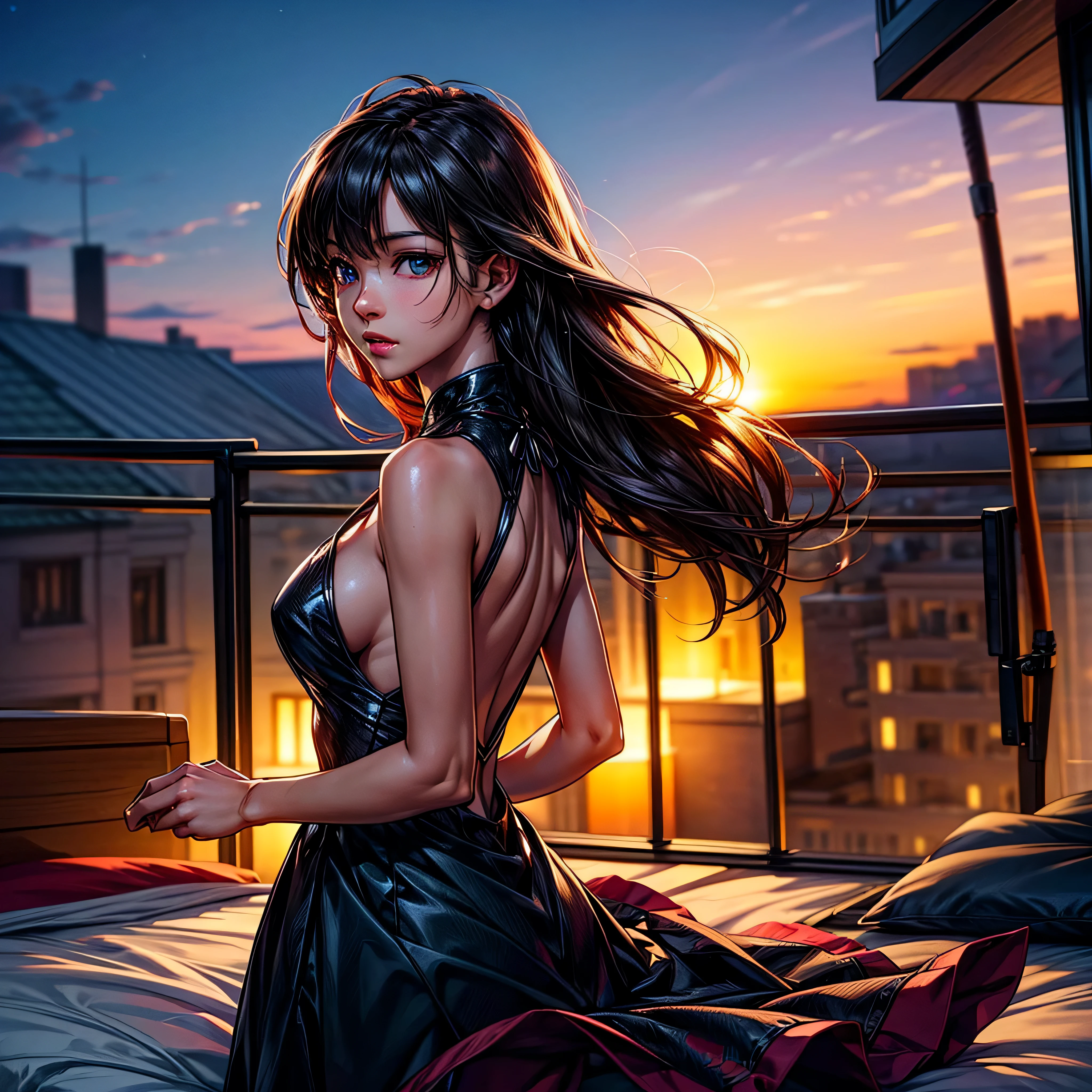 Moonset Moonlight, ((epic top-quality, K, high-level image quality: 1.3, ultra realistic, epic professional photorealistic: 1.4)), Crisp focus: 1.2, Beautiful Women in Perfect Style: 1.4, Slender face: 1.2, ((Black hair, Short hair, Big: 1.2, Slender features)), epic Highly detailed facial and skin texture, Detailed eyes, Double eyelids, Adult Woman, solo, Dress with open back、hotel、suite room、terraces、nighttime scene, ultra-detailed, ultra high-quality, ultra high-resolution, professional cinematic lighting, photon mapping, radiosity, physically-based rendering, cinematic lighting, ultra sharp focus, ultra high-definition, saturate, reflection, varied multi etc. --v6 --s1000 --c20 --q5 --chaos100