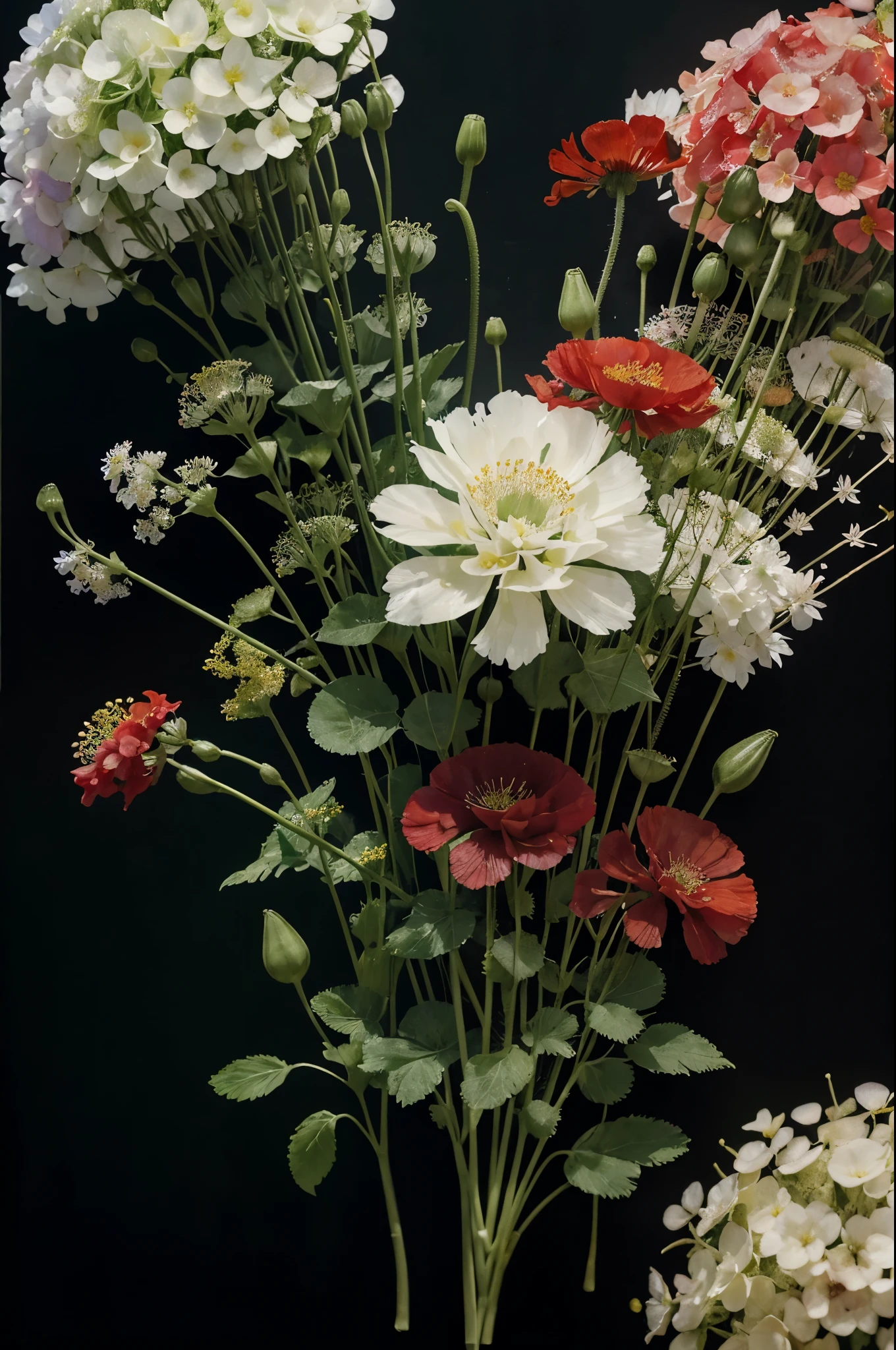Watercolor painting of poppy flowers, hydrangea flower and lycoris radiata, floraisolated on black background, watercolor painting, splash technique to reproduce humid conditions, blurred atmosphere, unique composition, abstract representation, contains elements of surrealism, pale tones, green color scheme pale and gold, high resolution details, ink splatter effect. Pale colors。