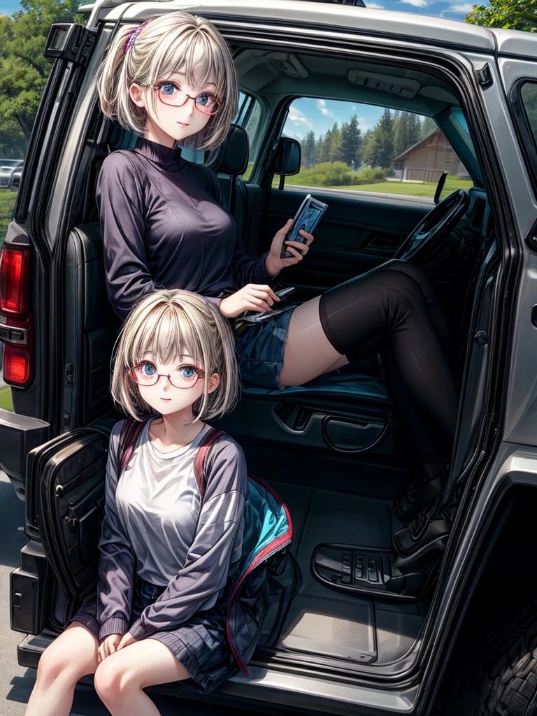High resolution、Perfect skeleton、perfect fingers、perfect face、20 year old female、shiny hair quality、beautiful blonde、bob hair、Glasses、Glasses美人、camp、outdoor、chill time、camp女子、outdoor、SUV、car、4wd、awd、woman driving a jeep