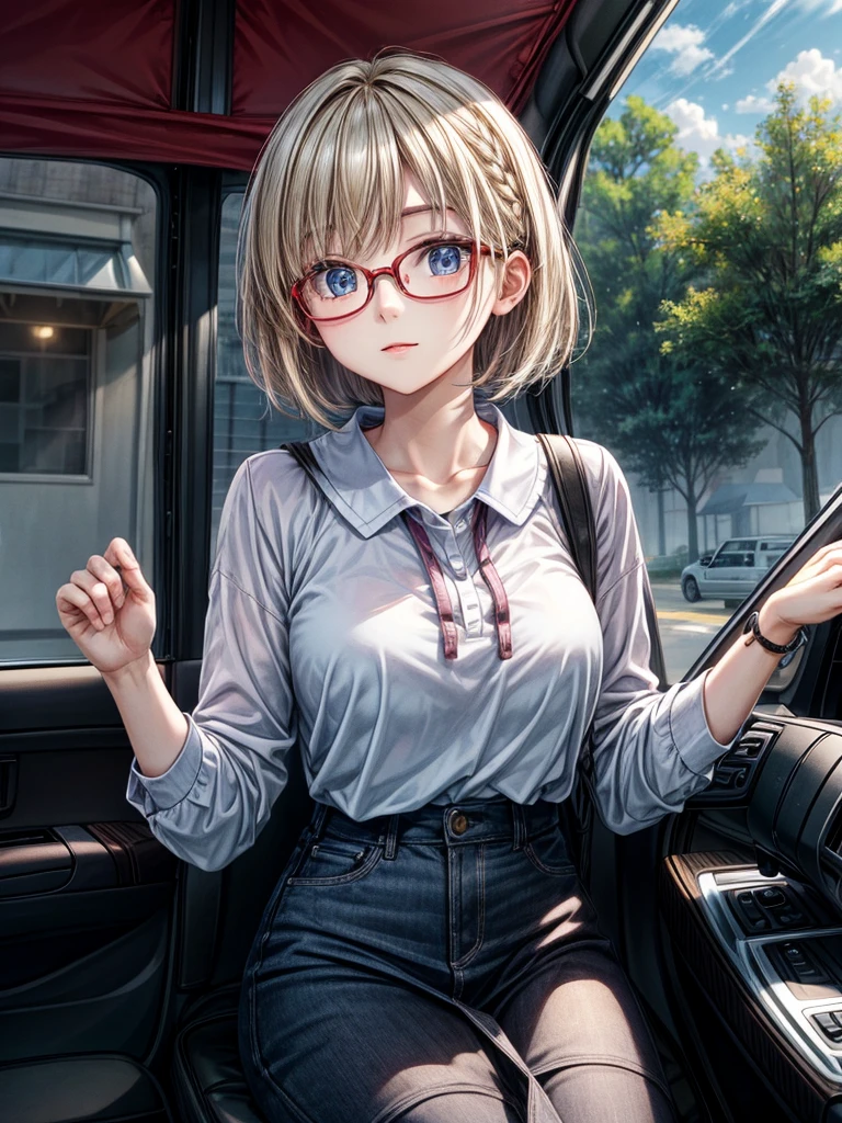 High resolution、Perfect skeleton、perfect fingers、perfect face、20 year old female、shiny hair quality、beautiful blonde、bob hair、Glasses、Glasses美人、camp、outdoor、chill time、camp女子、outdoor、SUV、car、4wd、awd、woman driving a jeep