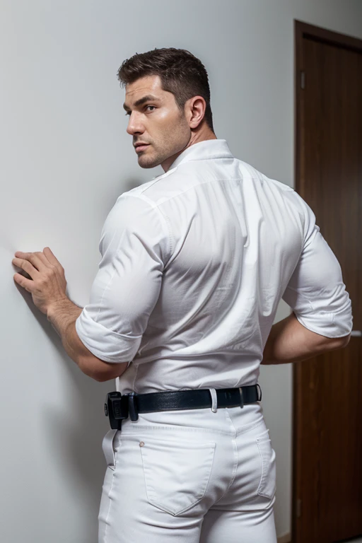 Giant tall muscular police officer,Handsome white police uniform.,police certificate,Concepto de personaje(Resident Evil - Chris Redfield,Chris Redfield)proud expression,Ojos profundos y encantadores.,pose heroica masculina,tall fuerte,muscular!muslos musculosos,chico duro,rasgos faciales perfectos,alto, fuerte, Heqiang, Super profit and great, High Resolution Committee,Encantador hombre fuerte,white jeans backside, backside