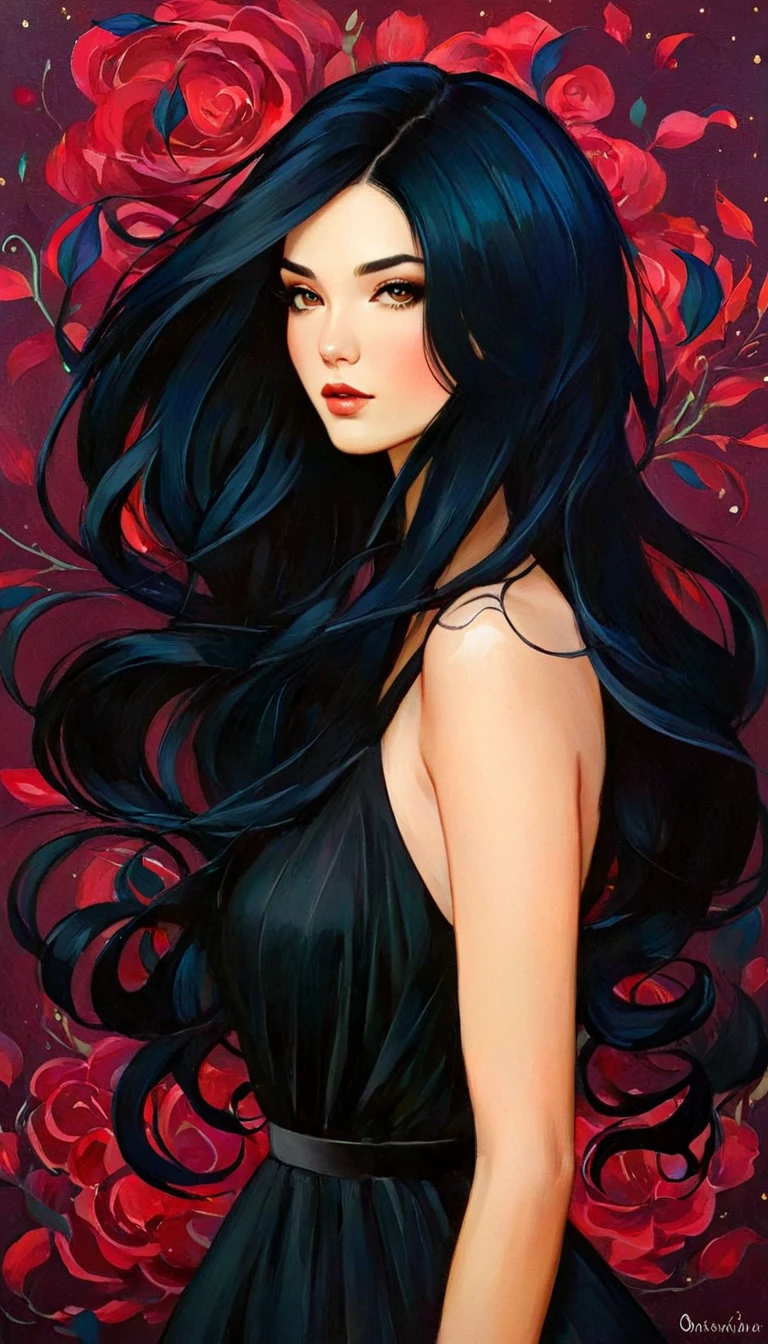 a painting of a woman with long black hair and a black dress, girl with black hair, style of charlie bowater, jen bartel, in style of charlie bowater, woman with black hair, in style of anna dittmann, charlie bowater rich deep colors, inspired by Jeremiah Ketner, inspired by Harumi Hironaka