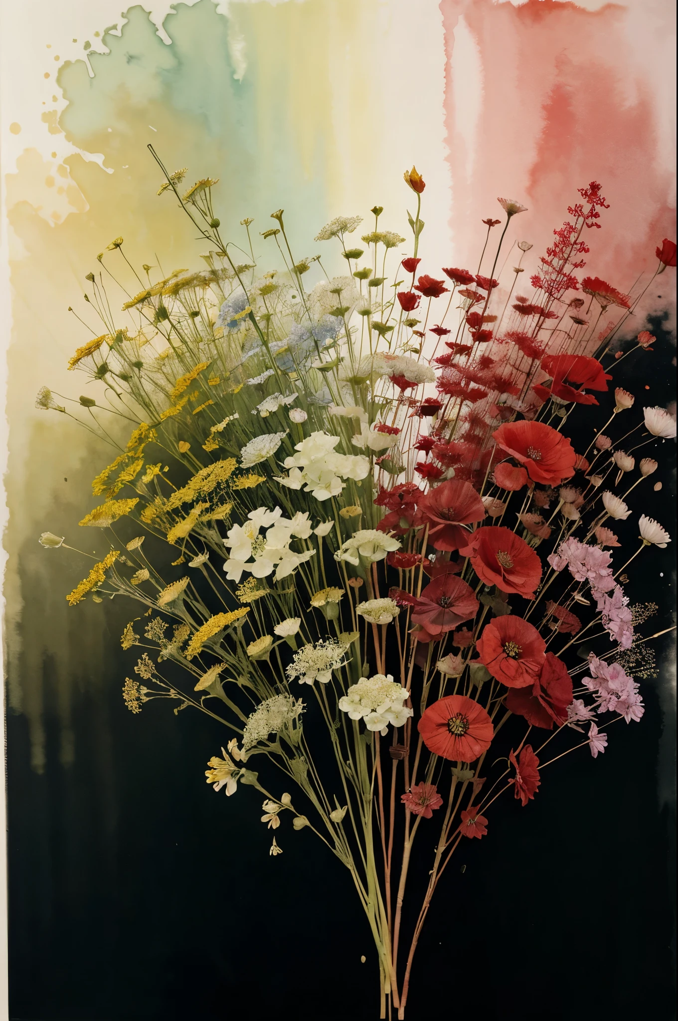 Watercolor painting of poppy flowers, hydrangea flower and lycoris radiata, floraisolated on black background, watercolor painting, splash technique to reproduce humid conditions, blurred atmosphere, unique composition, abstract representation, contains elements of surrealism, pale tones, green color scheme pale and gold, high resolution details, ink splatter effect. Pale colors。
