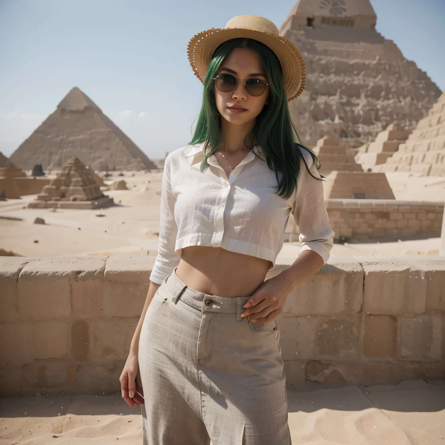 1girls, Nur, green Hair , 24 years old , white linen shirt
Beige linen trousers or skirt
comfortable sandals
Straw hat
Let sunglasses pose in the Egyptian pyramids, Best Quality, 8K, Masterpiece:1.3)), Focus: 1.2, Perfect Body Beauty: 1.4, Hips: 1.2, , High Detail Facial and Skin Texture, Thin Eyes, Double Eyelids,