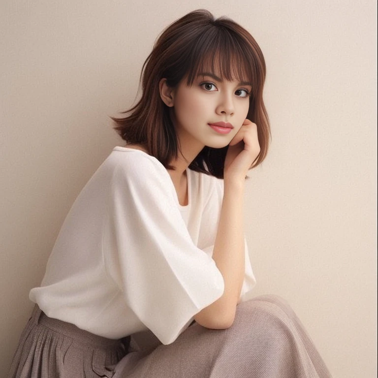Close-up of a woman sitting in a chair with her hand on her chin., have short hair, Yoshitomo Nara, Shiho, Japanese model, Sakimi-chan, By Torii Kiyomoto, White Hime cut hairstyle, Song Hye-Kyo, Takada Akemi, Long hair reaching the chin, Shoulder - Length