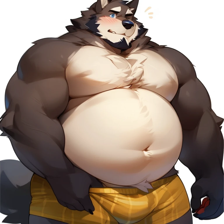 solo, male, werewolf, wolf, canine, chubby, musclegut, round, round belly, belly, pot belly, plump, swolen, mature male, dadbod, dad, facial hair, beard, embarrassed, chest fur, stomach fur, hands on belly, looking down at belly, grey fur, blue eyes, body hair, half-body, looking at down at self, boxers, furry chest, furry belly, big butt, white background, by mystikfox61, by darkgem, by glitter trap boy, by bebebebebe