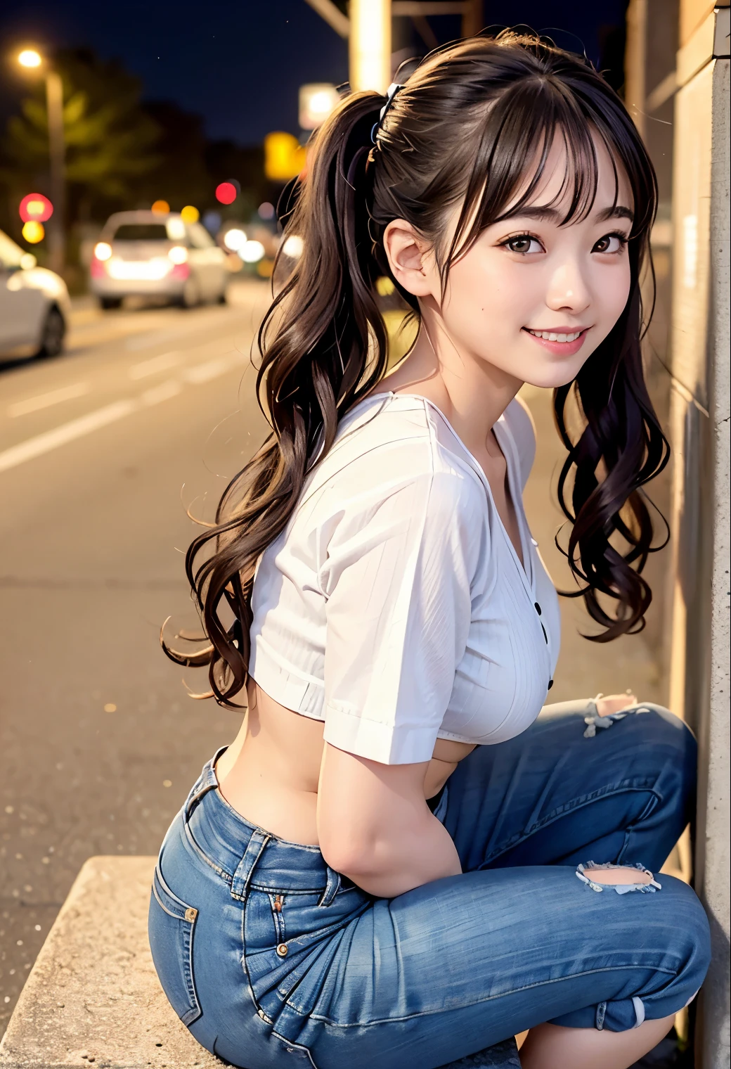 (highest quality,masterpiece:1.3,ultra high resolution),(Super detailed、caustics) (Photoreal:1.4, RAW shooting、)ultra-realistic capture、very detailed、natural skin texture、masterpiece、(Crop top and denim mini pants:1.3)、1 Japanese girl、adorable expression、expression of happiness、************、young face、surprisingly cute、twin tails、curly hair、black hair、Scrunchie、light makeup、Big breasts that are about to burst、This photo was taken on a sidewalk in a busy downtown area at night.、Shining thighs、Sit on a bench on the sidewalk、shot from the side、smile、inviting gaze、