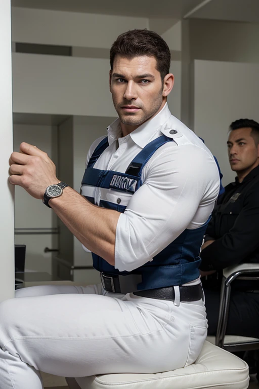 Giant tall muscular police officer,Handsome white police uniform.,police certificate,Concepto de personaje(Resident Evil - Chris Redfield,Chris Redfield)proud expression,Ojos profundos y encantadores.,pose heroica masculina,tall fuerte,muscular!muslos musculosos,chico duro,rasgos faciales perfectos,alto, fuerte, Heqiang, Super profit and great, High Resolution Committee,Encantador hombre fuerte,white jeans backside backside sit on chair