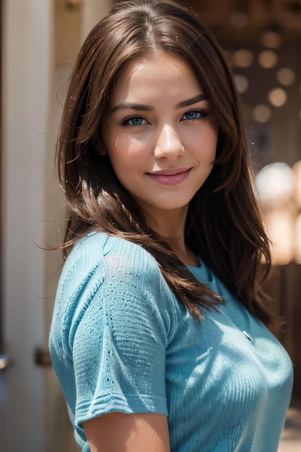 brown hair, woman, longeyelashes, solid circle eyes, blue eyes, smiling, tunique, drop shadow, 8k, super detail, best quality, in office