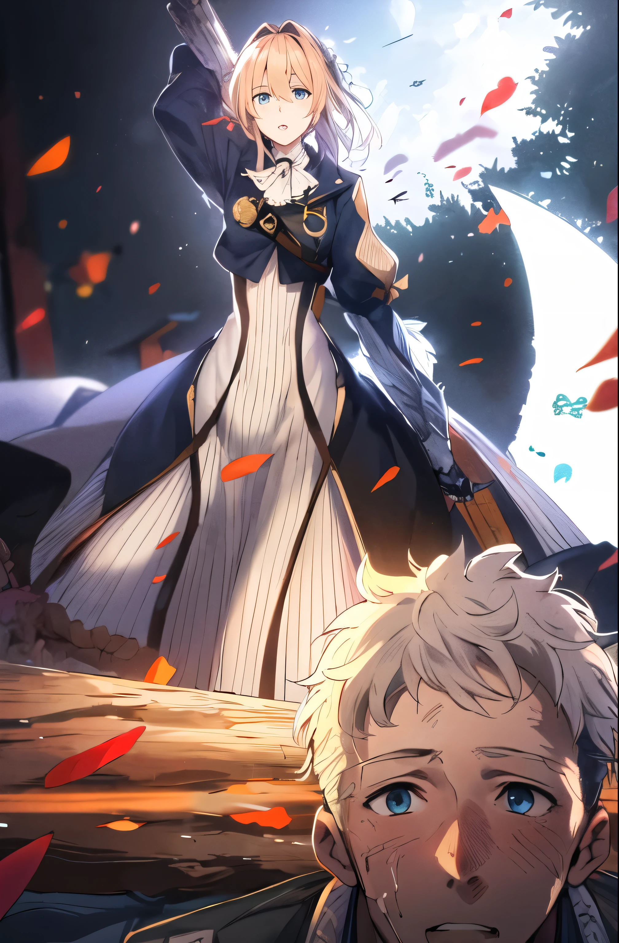 obra maestra, Mejor calidad, high resolution, Violeta Evergarden, trenza, Cinta para el pelo, Red ribbon, joyas, ascot blanco, broche, Chaqueta azul, mangas largas, manos mecanicas, vestido blanco, vestido largo, cargando un hacha gigante. Y en la parte inferior derecha la cara del chico de cabello
rubio oscuro