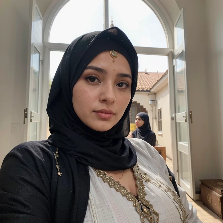 (Imagem realista) linda mulher Mussoumana, with mushuman clothes beautiful appearance((wearing islamic clothing)), imagem perfeita, imagem completa, tirando uma selfie de rosto(mostrando os )
