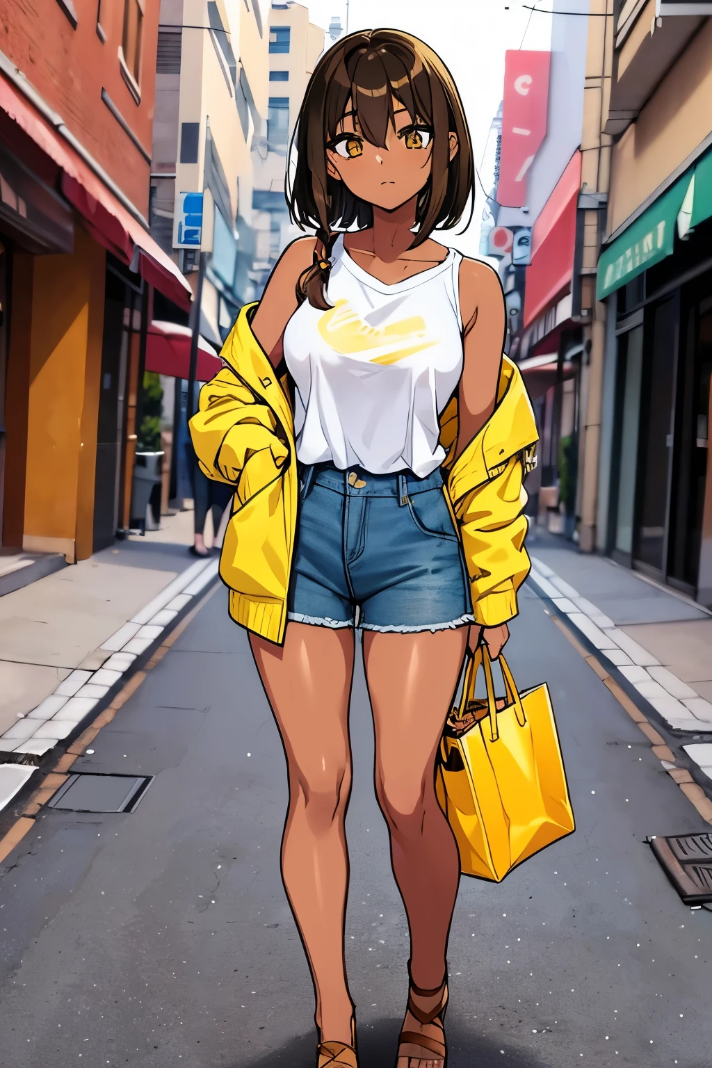 Anime girl with brown skin, around 19 years old, with a fit and tall body, she has yellow eyes and straight brown hair down to her shoulders, she is wearing casual autumn clothes in blue, being in civilian clothes, she It is visible in full body, as if it were posing for a photo.