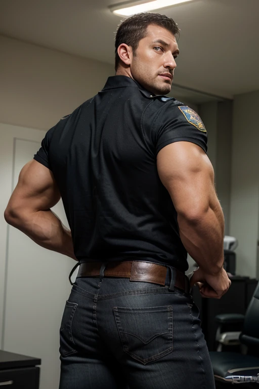 Giant tall muscular police officer，handsome policeman .，police certificate，Concepto de personaje（Resident Evil - Chris Redfield，Chris Redfield）proud expression，Ojos profundos y encantadores.，pose heroica masculina，tall fuerte，muscular！muslos musculosos，chico duro，rasgos faciales perfectos，alto, fuerte, Heqiang， Super profit and great， High Resolution Committee，Encantador hombre fuerte backside，gray jeans backside backside 