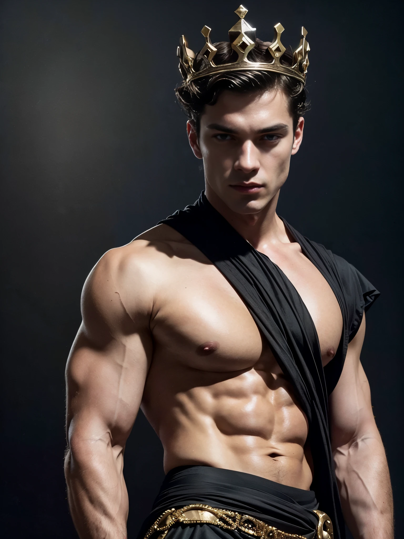 Photorealistic, twins, ((best quality)), ((masterpiece)), (detailed), masculine portrait of young dark fantasy prince, 18-year-old male models, handsome, tall, cute looking, evil look, dark look, powerful, young male, handsome model, clean shave, silver eyes. (short curly messy brown hair:1.2), messy curly hair, super strong, muscular, fit, massive muscles, six pack, (shirtless:1.5), barechested, half-naked, topless, muscle, ripped, strong body, fit body, great chest, amazing arms, (evil masculine crown:1.4), fantasy royal jewels, ( antique linen spartan loincloth, black linen antique draped cloth skirt, roman skirt), fairytale castle in the background, (Dark background:1.6) 8k, high detailed, ultra-detailed, Stylish Pose, real skin texture, dark cinematic lighting