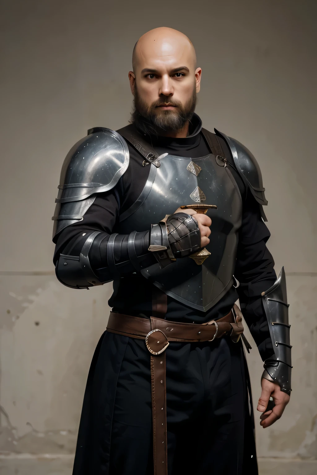 sketches, male, knight, dark armour, full plate, heavier  armor, sword in hands, no helmet, canvas, bald older male, short beard, sword in the back