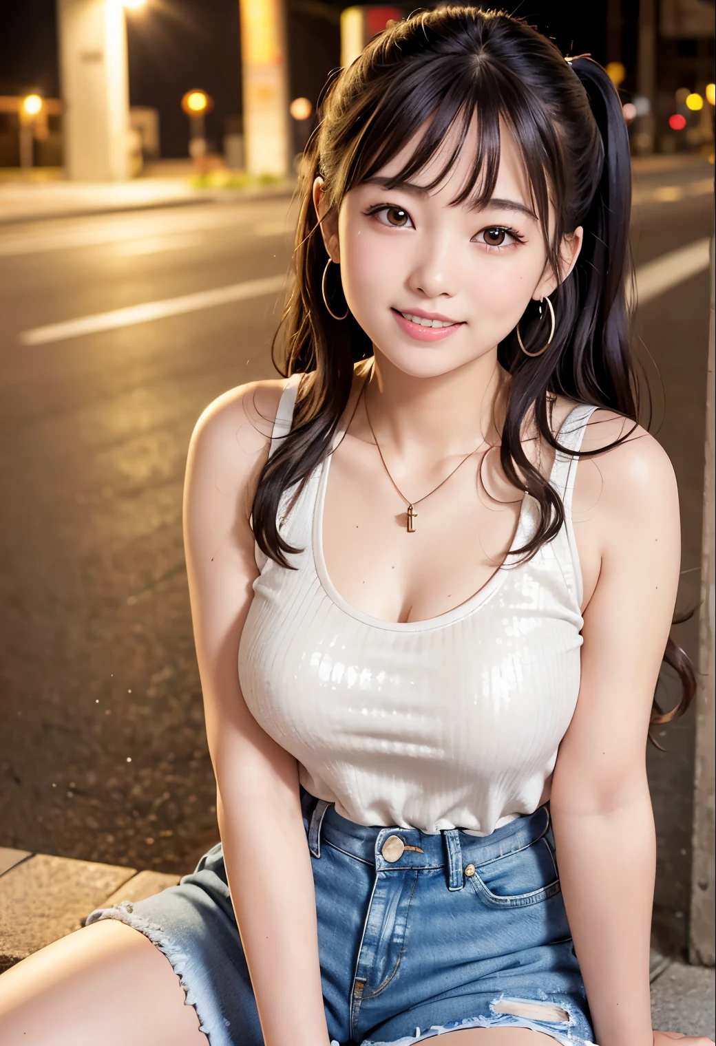 (highest quality,masterpiece:1.3,ultra high resolution),(Super detailed、caustics) (Photoreal:1.4, RAW shooting、)ultra-realistic capture、very detailed、natural skin texture、masterpiece、(Sequin tank top and short denim pants:1.3)、1 Japanese girl、adorable expression、expression of happiness、************、young face、surprisingly cute、twin tails、curly hair、black hair、Scrunchie、earrings、necklace、light makeup、Big breasts that are about to burst、This photo was taken on a sidewalk in a busy downtown area at night.、Shining thighs、Sit on a bench on the sidewalk、Shooting from the side、smile、inviting gaze、