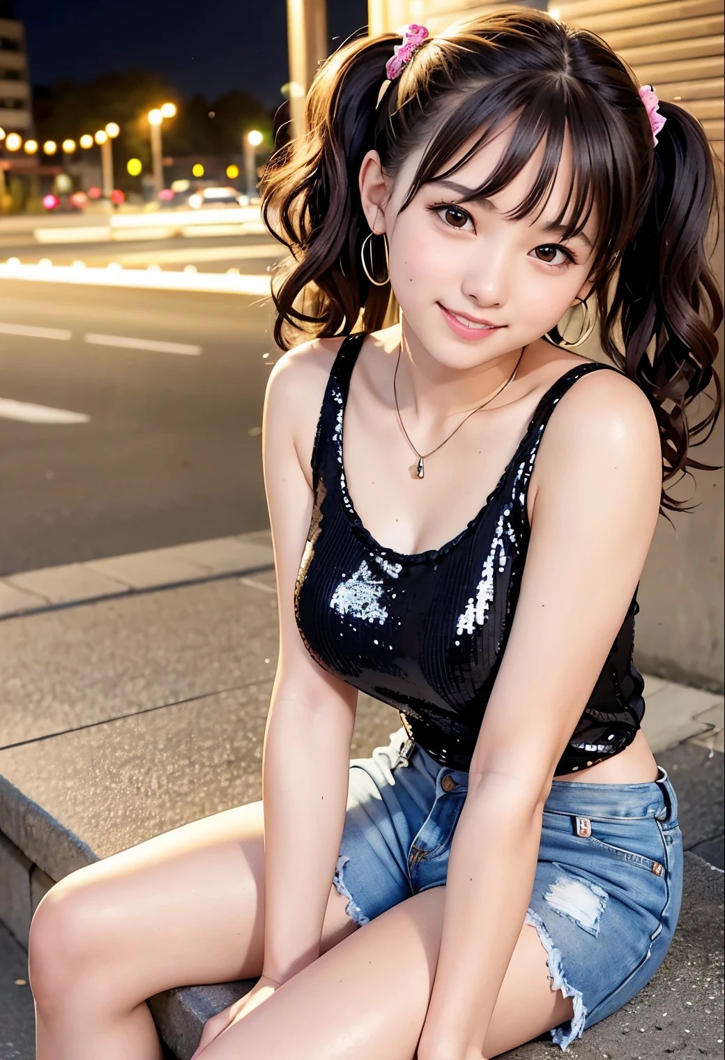 (highest quality,masterpiece:1.3,ultra high resolution),(Super detailed、caustics) (Photoreal:1.4, RAW shooting、)ultra-realistic capture、very detailed、natural skin texture、masterpiece、(Sequin tank top and short denim pants:1.3)、1 Japanese girl、adorable expression、expression of happiness、************、young face、surprisingly cute、twin tails、curly hair、black hair、Scrunchie、earrings、necklace、light makeup、Big breasts that are about to burst、This photo was taken on a sidewalk in a busy downtown area at night.、Shining thighs、Sit on a bench on the sidewalk、Shooting from the side、smile、inviting gaze、