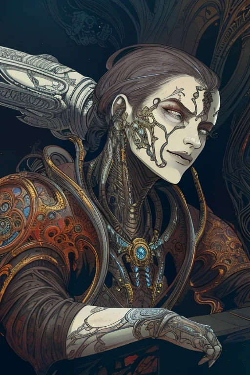 The complex divine poses of the stunning cybernetic angel of death are emphasized by the biomechanical aesthetics of the cyborg, captured with a 150mm analog lens., enhanced by soft natural light around the edges and neon lighting (Gold & Silver) veins. Roots and delicate leaf lace add beautiful detail., complementing the colorful intricacies of the Boris Bidjan Saberi outfit, and art nouveau fashion embroidery. Mesh wires and Mandelbrot fractals intertwine with synthetic facial muscles, cable wires, and microchips, creating a cool hyper-realistic visual effect. Ultra-detailed renders come to life with volumetric lighting and 8K post-processing., showcasing the red and white hues with a touch of black. Detailed metal bones and shimmering colors give the humanoid a Glenn Brown style., located in a futuristic room, embodying the power of the gods through a high angle shot. Complex 3D rendering is highly detailed., make it a masterpiece in its own right. Accurate mechanical anatomy of the face.. (without hair), (Facing Me), (1 woman), slender body, Nightmare reality,