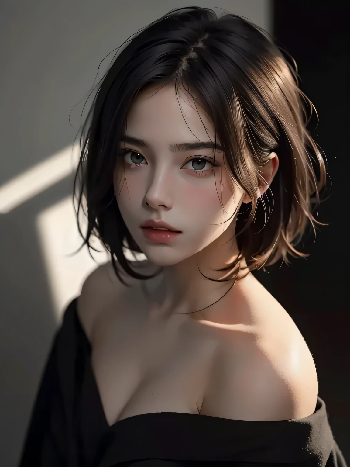 best quality, masterpiece, ultra high resolution, (lifelike:1.5), original photo, 1 girl, Off the shoulders, in the darkness, deep shadow, low profile, cold light, sexy look, short hair