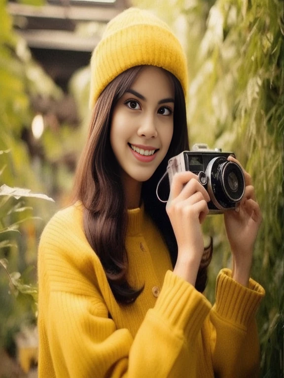 Araffe woman in yellow sweater holding camera and smiling, photography 50mm f1.4, female photography, while smiling for a photograph, photography hight quality, Portrait photos with a 50 mm lens, photography portrait 4 k, Portrait DSLR 5 0 mm, photography 38 มม, photography], modeling photography, selfie photography, colored photography, casual photography