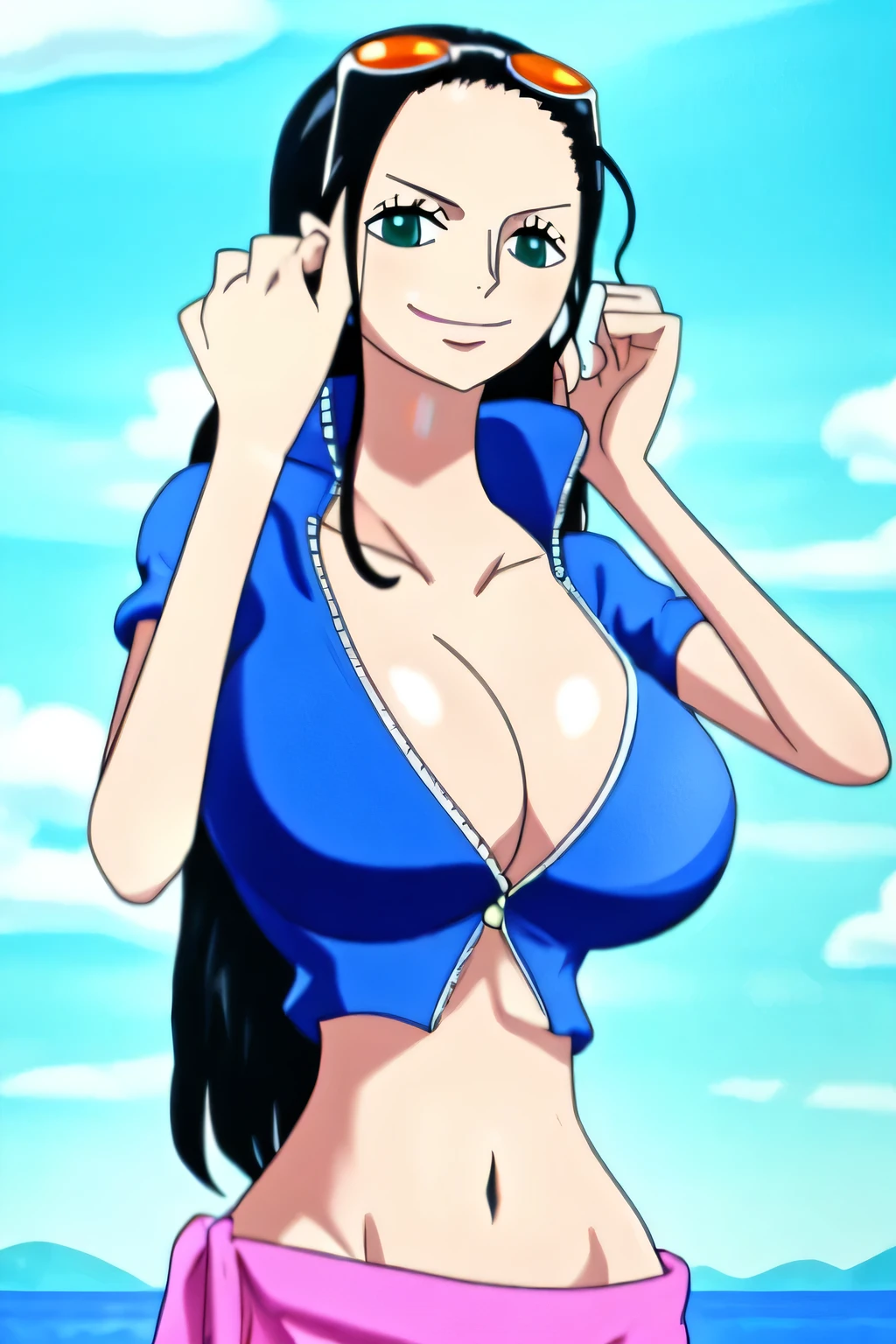 nico robin, 1girl, aqua eyes, black hair, breasts, cleavage, closed mouth, collared jacket, cowboy shot, crop top, cropped jacket, extra hands, eyewear on head, hair slicked back, hand up, high collar, jacket, large breasts, long hair, looking at viewer, midriff, navel, plunging neckline, pose, sarong, short sleeves, smile, solo, standing, stomach, sunglasses, very long hair, outdoors, sea, ships, ((masterpiece))  