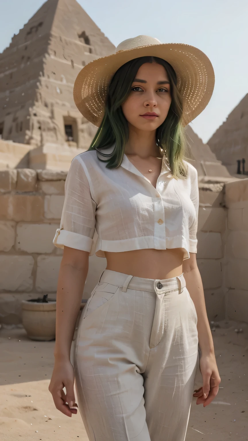 1girls, Nur, green Hair , 24 years old , white linen shirt
 Beige linen trousers or skirt
 comfortable sandals
 Straw hat
 Let sunglasses pose in the Egyptian pyramids, Best Quality, 8K, Masterpiece:1.3)), Focus: 1.2, Perfect Body Beauty: 1.4, Hips: 1.2, ,  High Detail Facial and Skin Texture, Thin Eyes, Double Eyelids, ,