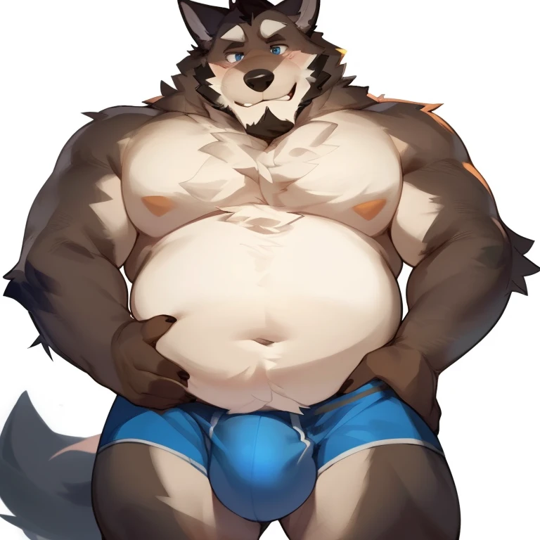solo, male, werewolf, wolf, canine, chubby, musclegut, round belly, belly, pot belly, plump, swollen, mature male, dadbod, dad, facial hair, beard, embarrassed, chest fur, stomach fur, hands on belly, looking down at belly, grey fur, blue eyes, body hair, half-body, looking at down at self, boxers, tight boxers, furry chest, furry belly, big bulge, white background, by mystikfox61, by darkgem, by glitter trap boy, by bebebebebe, by doooo2424, by null-ghost