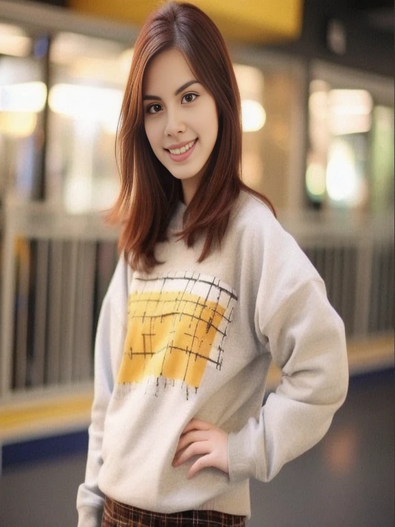 arafed woman in a coat and plaid skirt standing in a subway station, Portrait in the middle of a shot, Nod your head., coat, traditional art, Wear a sweater., young beautiful Zinnia, cute vtuber house, color picture, fan art, high quality vertical, Zinnia, Wear casual clothes, Tomorrow, Tran., Wear casual clothes