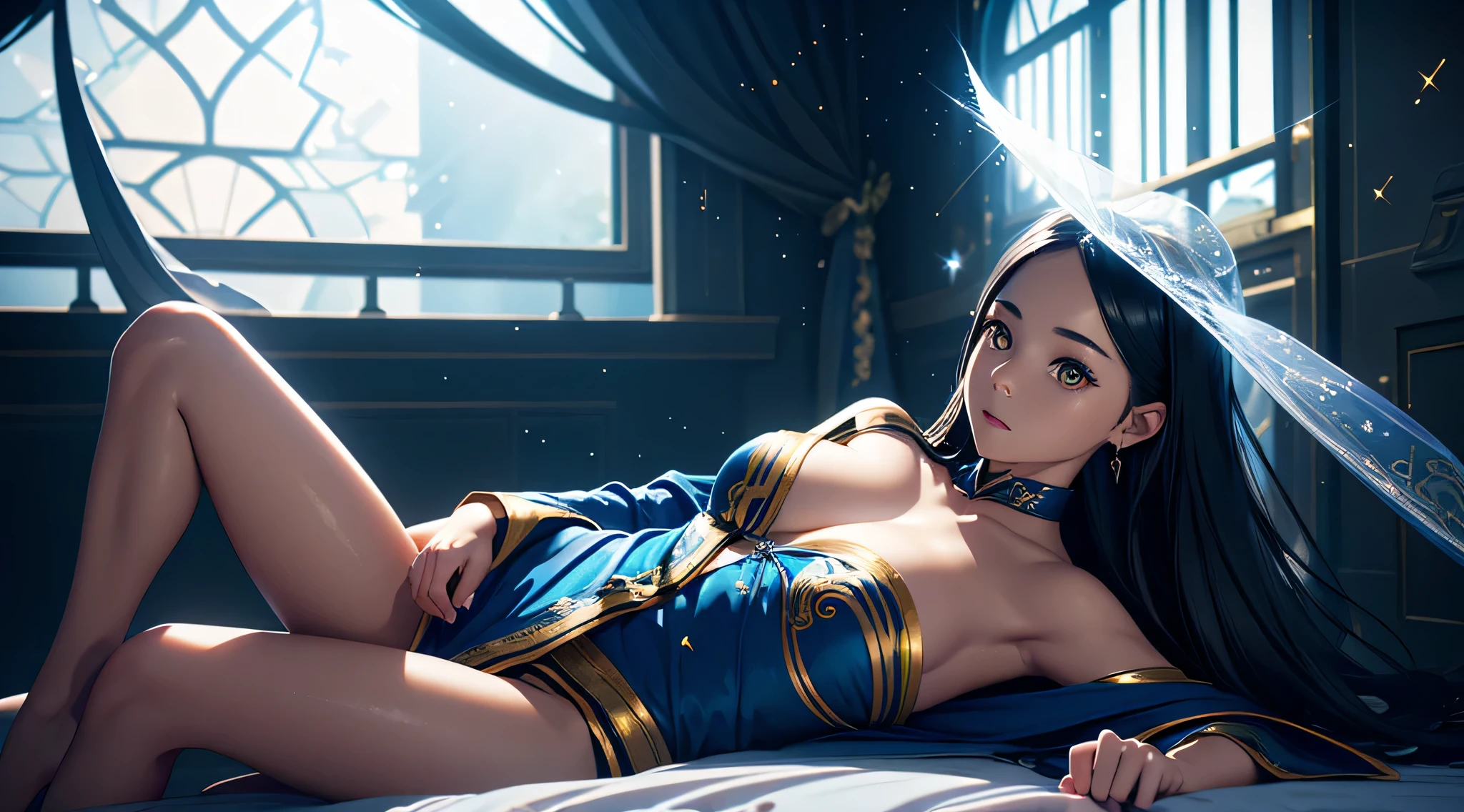 an alone mature girl with long blue and yellow eyes sitting on the bed and spread leg , night, High detail mature face, tie hair on the left side, golden eyes, bare leg, bare shoulder, white noble priest dress, high res, ultra sharp, 8k, masterpiece, smiling, fantasy world, magical radiance background ((Best quality)), ((masterpiece)), 3D, HDR (High Dynamic Range),Ray Tracing, NVIDIA RTX, Super-Resolution, Unreal 5,Subsurface scattering, PBR Texturing, Post-processing, Anisotropic Filtering, Depth-of-field, Maximum clarity and sharpness, Multi-layered textures, Albedo and Specular maps, Surface shading, Accurate simulation of light-material interaction, Perfect proportions, Octane Render, Two-tone lighting, Wide aperture, Low ISO, White balance, Rule of thirds,8K RAW, Aura, masterpiece, best quality, Mysterious expression, magical effects like sparkles or energy, flowing robes or enchanting attire, mechanic creatures or mystical background, rim lighting, side lighting, cinematic light, ultra high res, 8k uhd, film grain, best shadow, delicate, RAW, light particles, detailed skin texture, detailed cloth texture, beautiful face, 
(masterpiece), best quality, expressive eyes, perfect face,