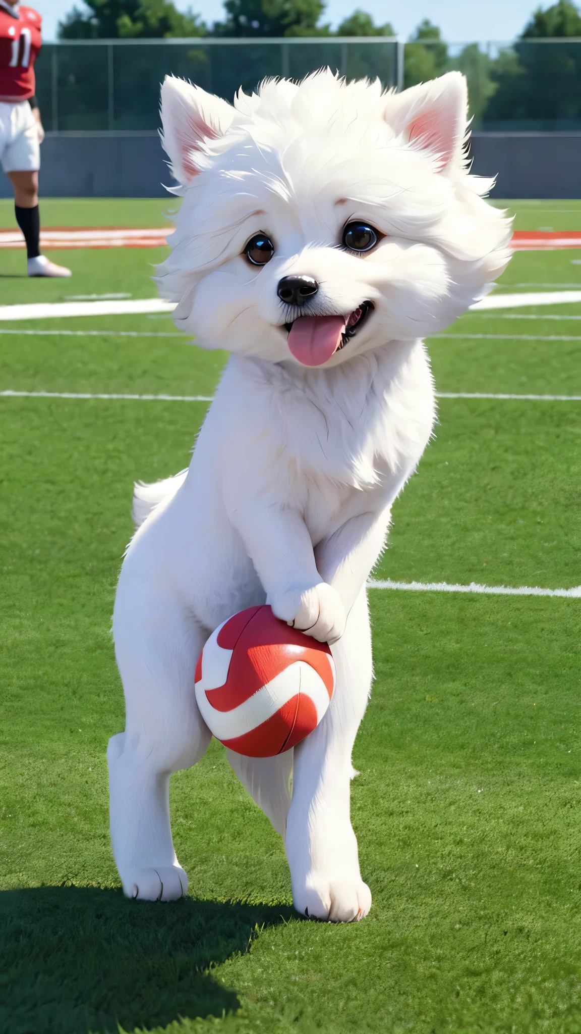 cute fluffy dog playing football cartoon Pixar style 