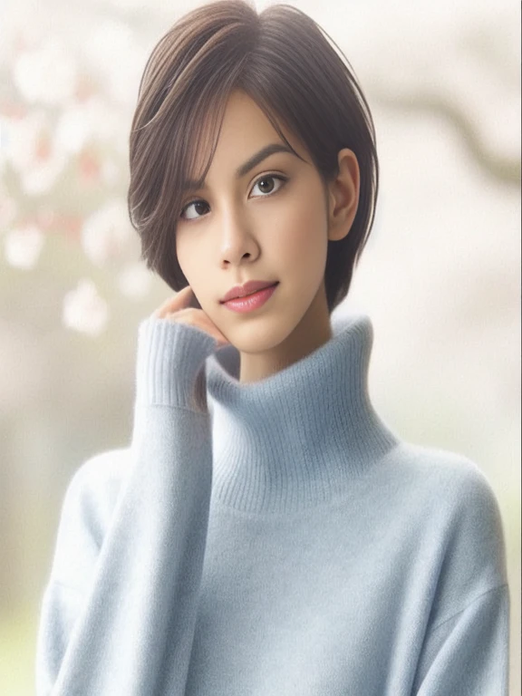 Close-up of a woman wearing a blue sweater and flowers in her hand., have short hair, high quality vertical, Realistic 3D anime style, Makoto Shinkai. digital display, photorealisticของคาวาอิ, Smooth CG anime art, Realistic anime art style, photorealistic, beautiful anime pictures, By Yamagata Hiro, By Yasutomo Oka