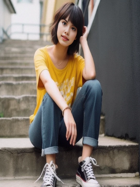 The woman Aarav sat on the steps with her hands on her head., Shiho, Casual clothing style, Janice sings, Kawaii shirt and jeans, Wear a fashionable yellow t-shirt., Kinu Nishimura, Kiyoko Suzuki, nishimiya shouko, Heonhwa Cho, ( ( ( Yoshinari Yo ) ) ), yellow clothes, Comfortable pose