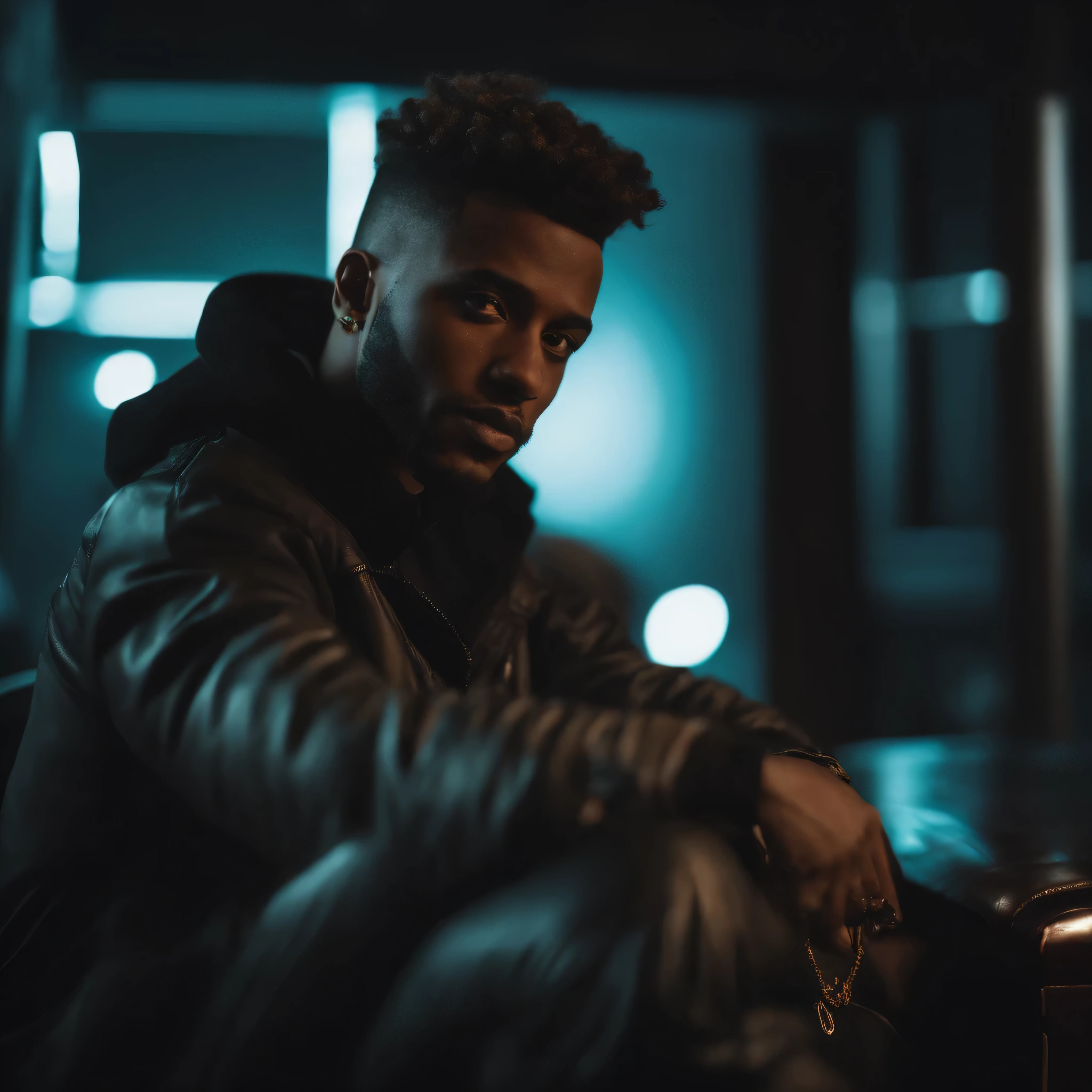 rapper negro, short curly hair, low fade,cabelo curto crespo, Facing the camera squarely, dentro de um quarto escuro, closeup, futuristic, cyberpunk, futuristic fashion,2077, futuristic city