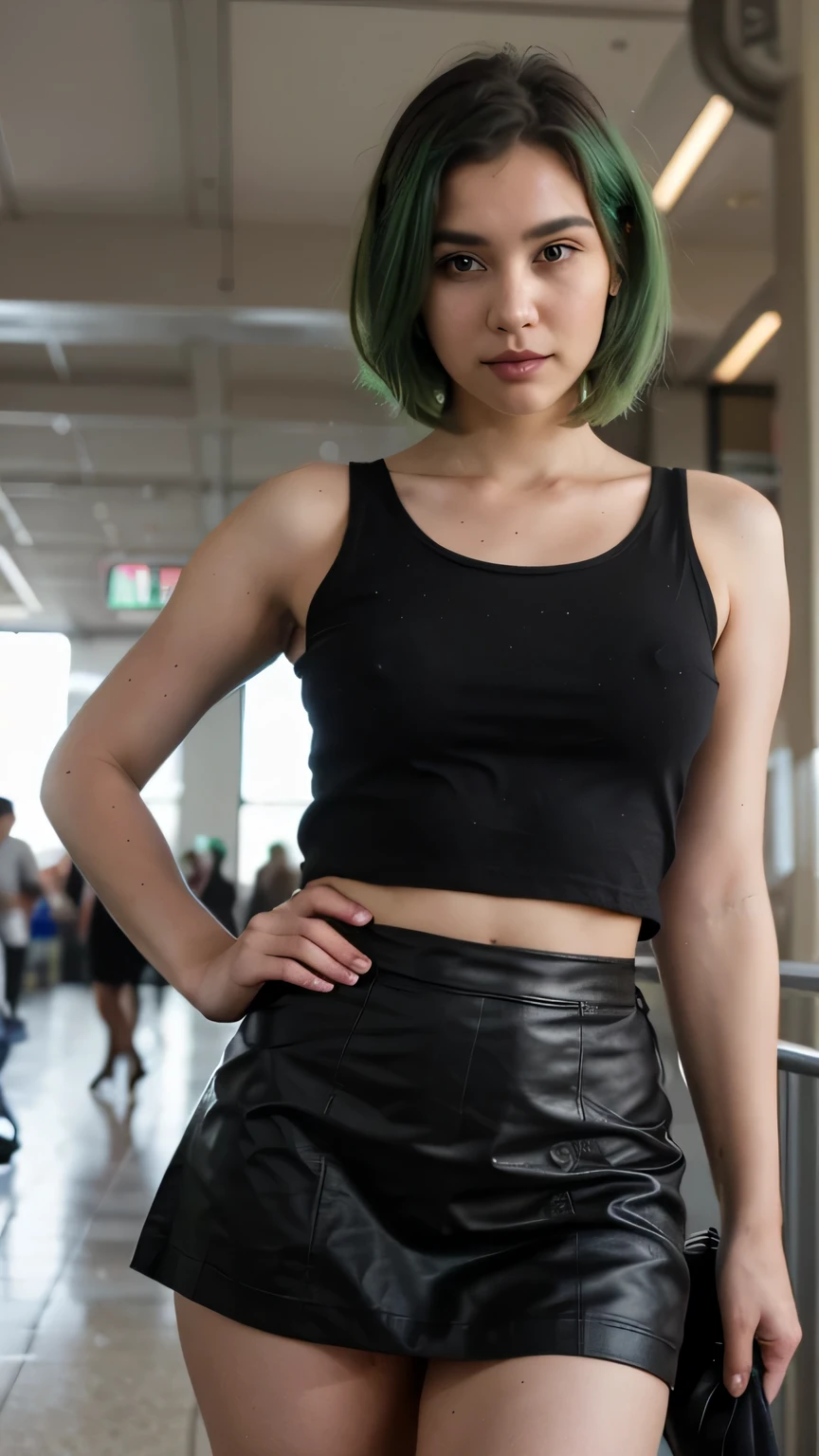 1girls, Nur, green Hair , 24 years old ,  beautiful and sexy woman,   1:4, airport  ,model pose, beautiful body, closeup potrait,masterpiece, ultra realistic,detailed,8k , Film type light,facing to the left, camera angle front, candid picture,wearing black full skirt and black top,  short hair, 4:3 ratio
