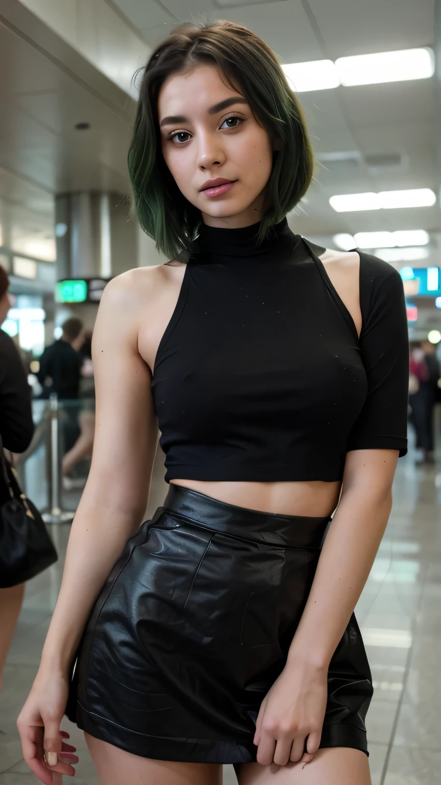 1girls, Nur, green Hair , 24 years old ,  beautiful and  woman,   1:4, airport  ,model pose, beautiful body, closeup potrait,masterpiece, ultra realistic,detailed,8k , Film type light,facing to the left, camera angle front, candid picture,wearing black full skirt and black top,  short hair, 4:3 ratio