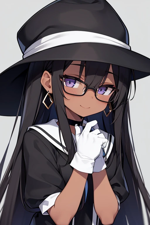 1girl, gloves, solo, white_gloves, long_hair, jewelry, earrings, black_hair, dark_skin, looking_at_viewer, dark-skinned_female, glasses, hat, closed_mouth, white_headwear, choker, smile, hand_on_own_face, upper_body, round_eyewear, bangs, hair_between_eyes, black_eyes