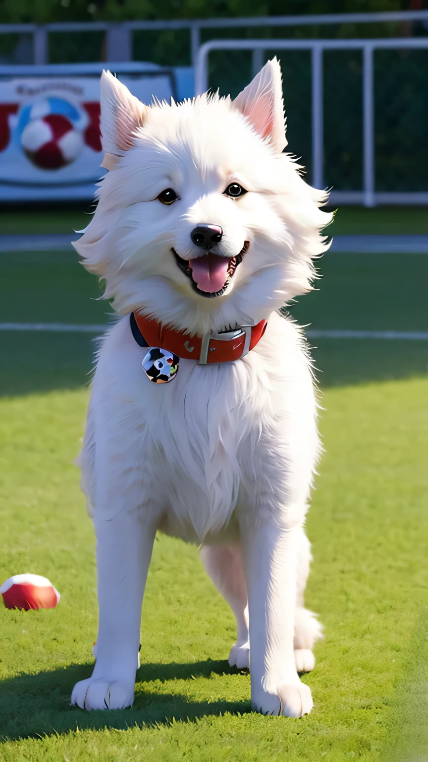 cute fluffy dog playing football cartoon Pixar style