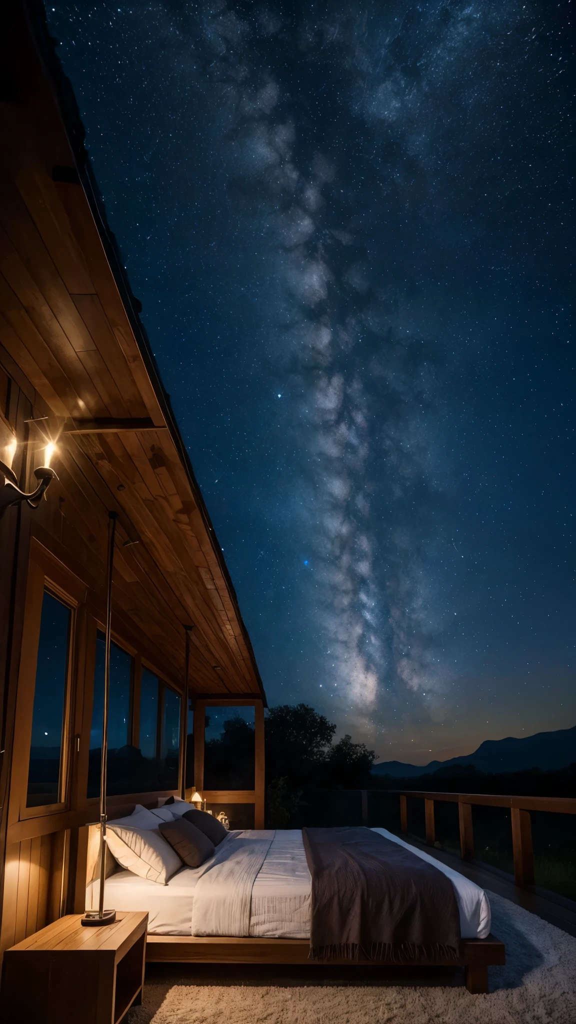 Welcome to the enchanting open-air bedroom, where the ceiling is replaced by a canopy of twinkling stars. With no roof to obstruct the view, every night becomes a celestial spectacle, as shooting stars streak across the vast expanse above. Cradled by nature’s embrace, this unique space offers a serene sanctuary to sleep under the shimmering tapestry of the night sky. Ultra realistic bedroom, 8k, Best quality, 