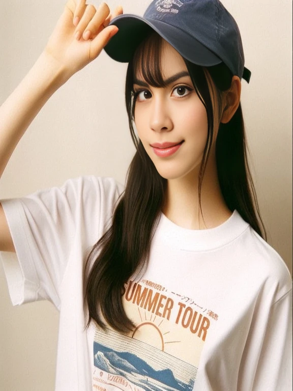 Asian woman wearing a white shirt and blue hat, with straw hat, kimi takemura, 🚿🗝📝, have a hat, Yasumotooka, By Yasutomo Oka, By Tadashi Nakayama, By Yamagata Hiro, Japanese model, By Nishida Shun'ei, By Eisan Kikukawa