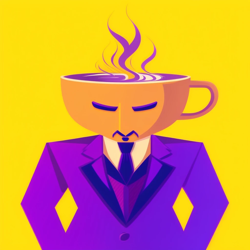 a drawing of a man in a suit with a cup of coffee, Sr. Robert is drinking fresh tea, is ((drinking a cup of tea)), orange head, upset coffee doesn't work, serious business, duas Caras, purple head, copo da morte, personagem mental, Faces of too much caffeine, chefe corporativo, retrato de personagem meu