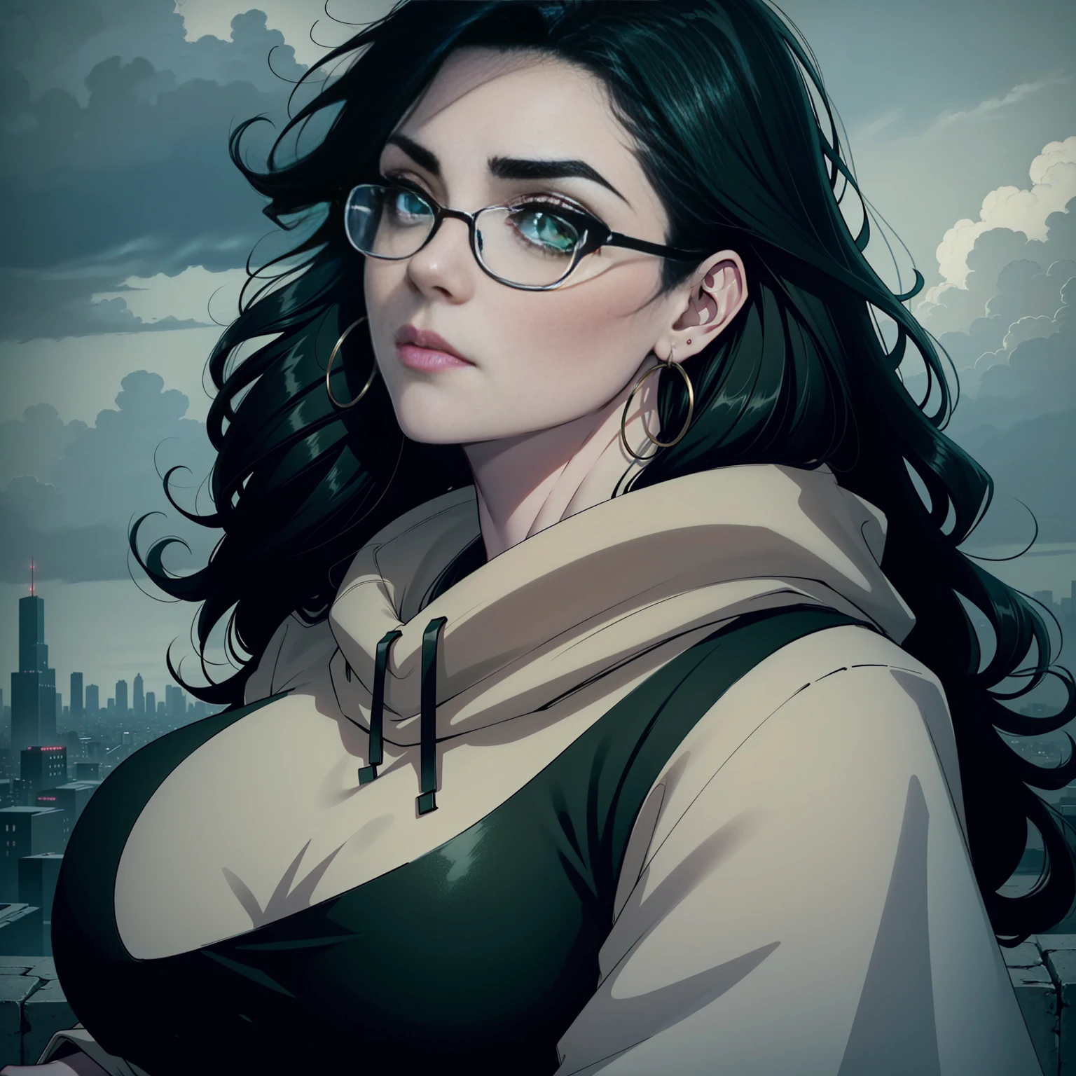 Best quality, volumetric lighting, cinematic lighting, masterpiece, ultra high res, 4k, (soft round detailed face), (sad expression), (detailed green eyes), bags under eyes, thick eyebrows, tired, depressed, melancholy, grief, despair, (wearing rounded glasses), (very pale light skin), detailed black hair, ((long messy greasy hair)), (plain black hoodie), hoop earrings, black nail varnish, black eyeliner unwashed, unkempt, disheveled, twilight, dark clouds, sitting on a high hilltop, distant city skyline in the background