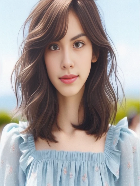 Close-up of a woman wearing a blue dress and a floral shirt., Shoulder length hair, Shoulder - Length hair, wavy Shoulder length hair, Shoulder length hair, medium length hair, have short hair, Short-medium length hair, medium length hair, Kiko Mizuhara, Shoulder length brown hair, Shoulder - Length